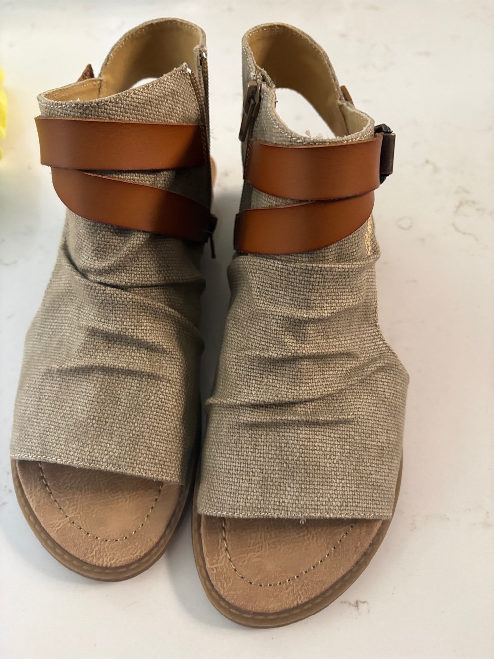 Women’s Beige Canvas Open-Toe Sandals with Tan Straps